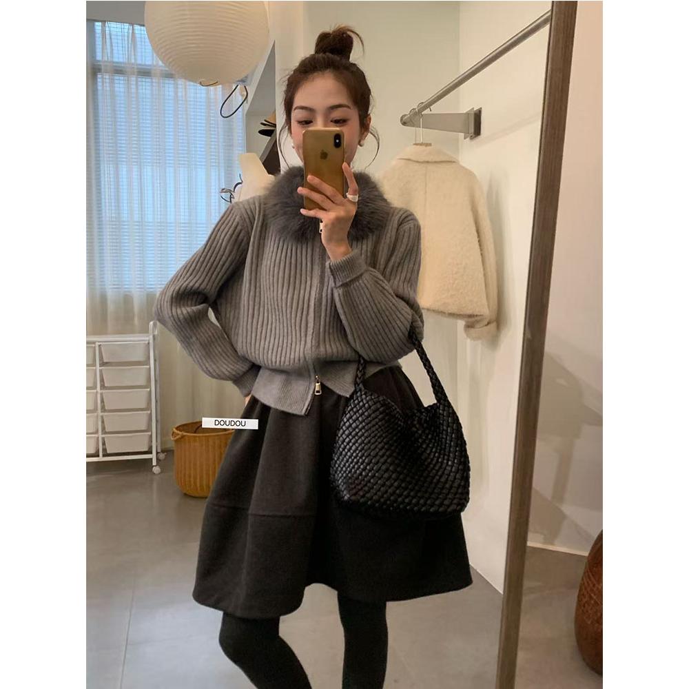【豆豆】慵懒毛领针织衫毛衣外套女秋冬季新款超好看短款开衫上衣