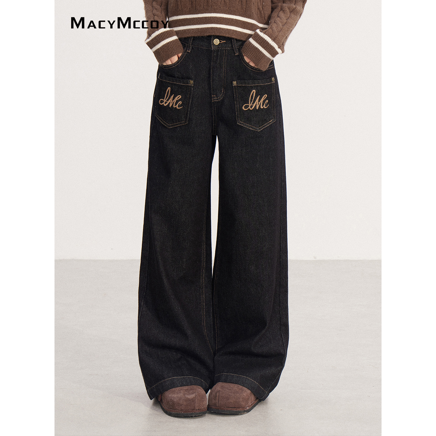 【毛毛专属】MacyMccoy复古刺绣牛仔阔腿裤女冬季百搭显瘦休闲长裤