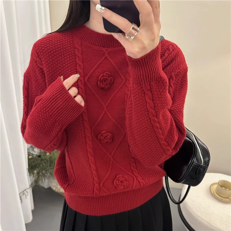 秋冬新品手工勾花复古套头毛衣女韩版宽松洋气百搭打底针织衫