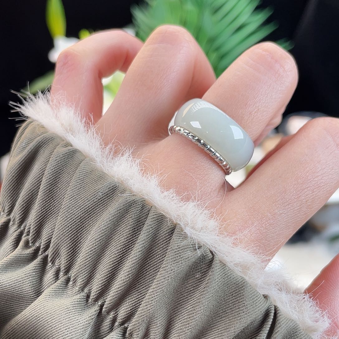 和田玉未镶嵌戒指E117冰玉白轮胎17.6