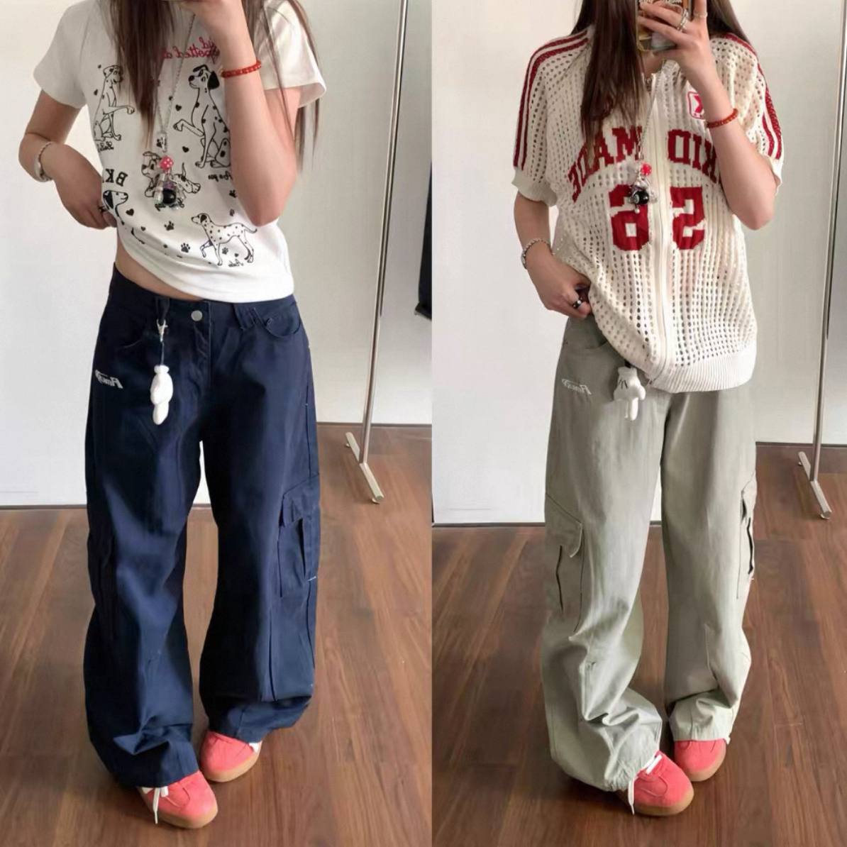 D48#某宝1张！男女国潮美式复古字母小标刺绣多口袋弯刀装休闲裤