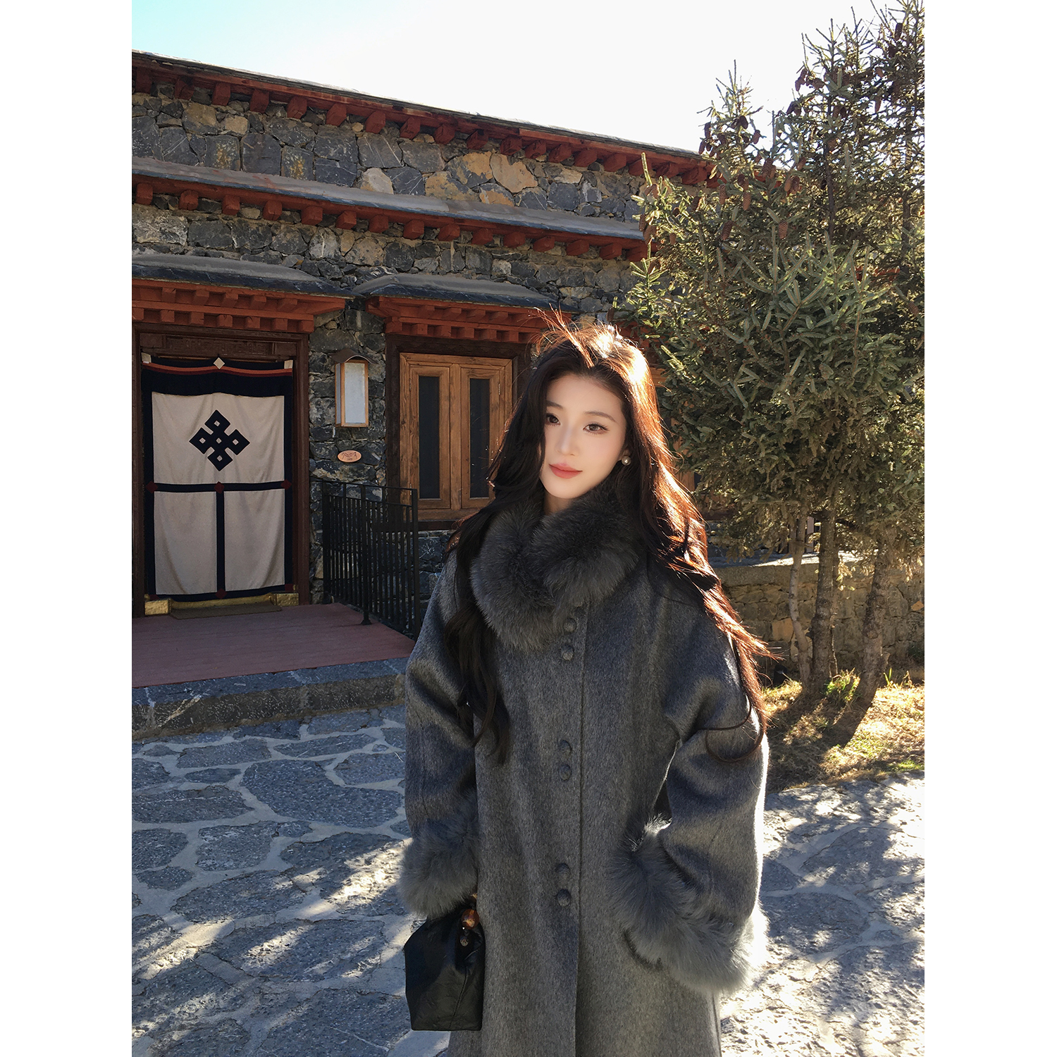 ICELOLLY富家千金狐狸毛领羊毛双面呢毛呢外套女巨好看的呢子大衣