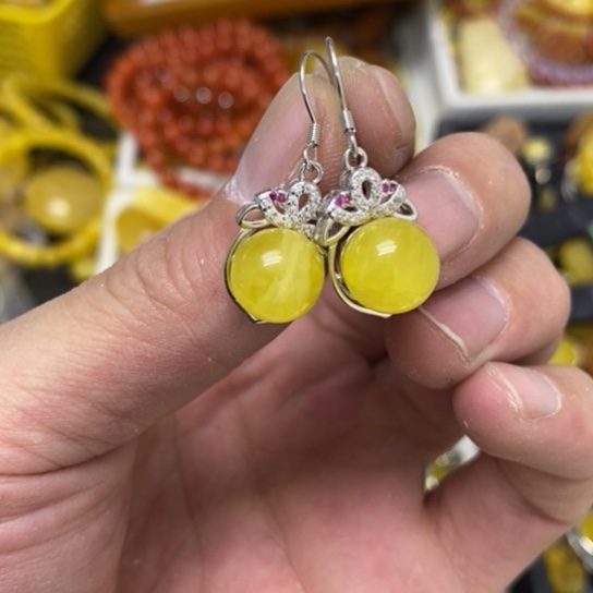 蜜蜡裸石银S925镶嵌耳坠