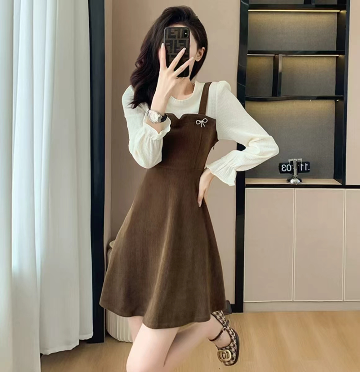 （筱安专属）2025秋冬新款假两件背带连衣裙灯芯绒长袖拼接裙子1412
