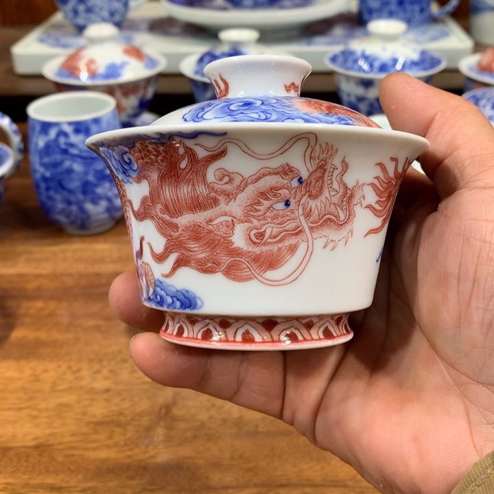 自成堂柴窑青花釉里红双龙盖碗