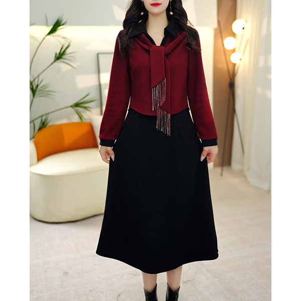 L5903 连衣裙2025春秋新款显瘦气质时尚洋气长袖中长款时尚假两件