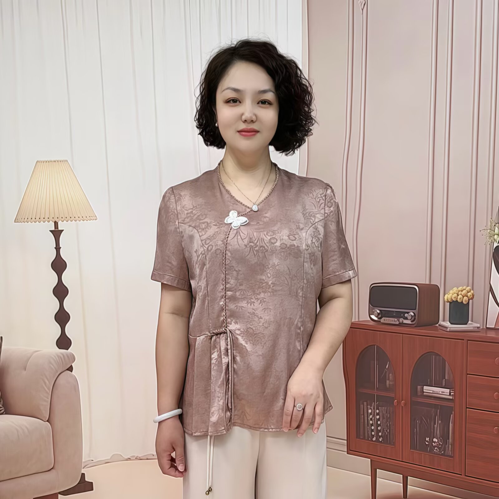 妈妈装夏季新中式短袖V领小衫中年装气质显瘦纯色宽松复古上衣