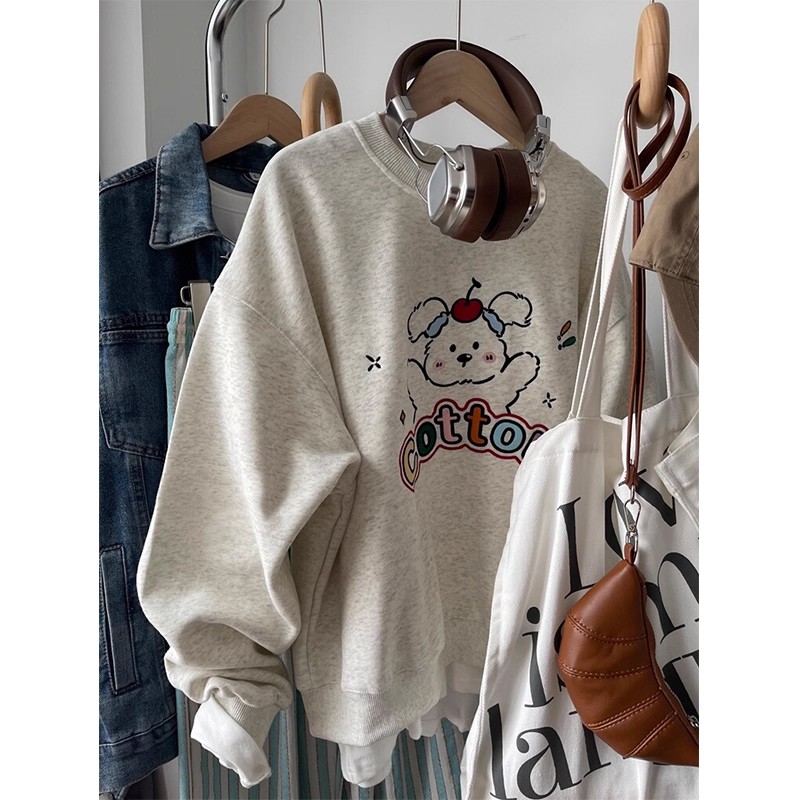 秋冬季新款刺绣圆领卫衣外套女大码胖mm宽松chic显瘦小个子上衣服