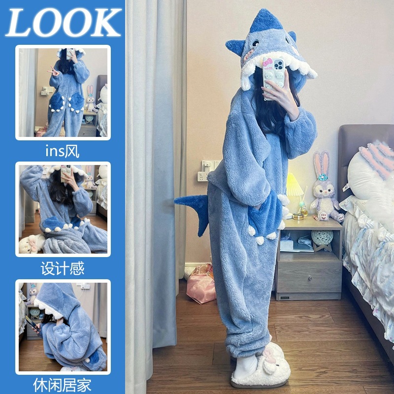 甜美可爱鲨鱼连帽珊瑚绒睡衣女2025秋冬款加绒加厚保暖连体可外穿