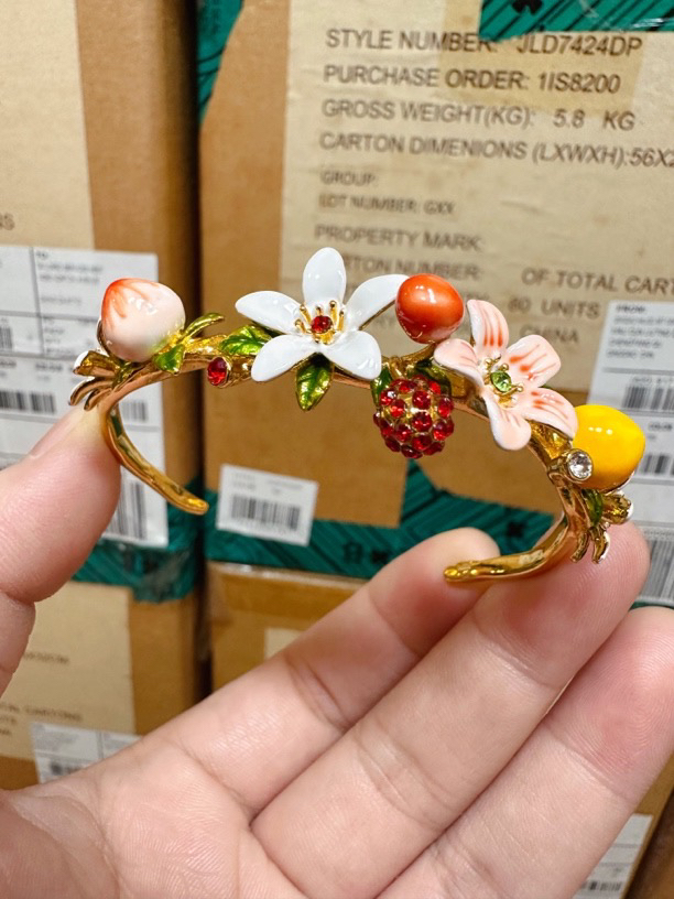 铜合金珐琅手镯 甜美水蜜桃花朵宝石手镯开口可调节手环手链配饰