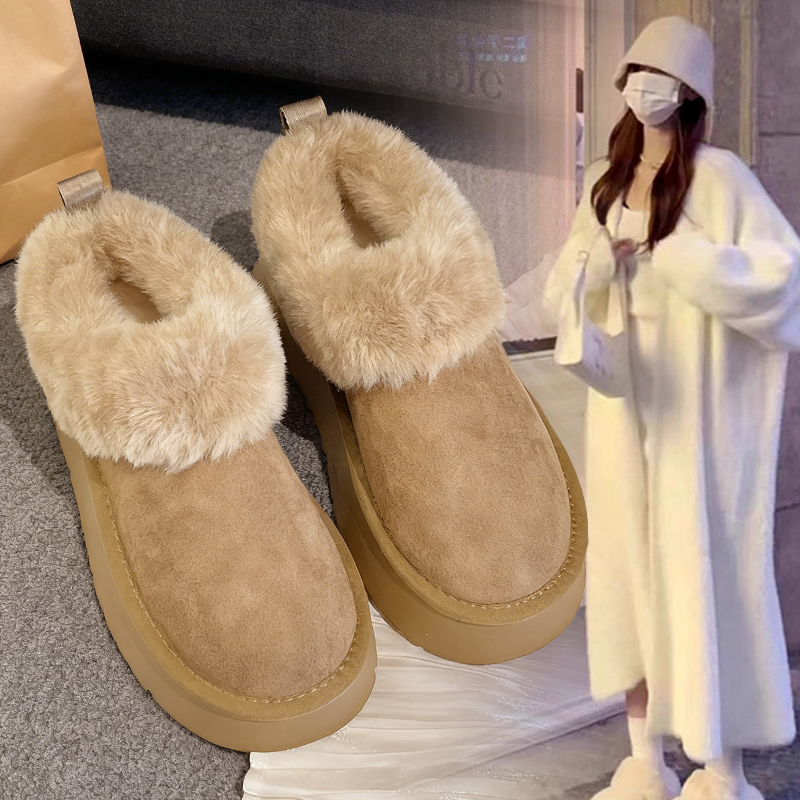 爆款厚底增高米白色加绒雪地靴女2025新款冬季保暖面包棉鞋毛毛鞋