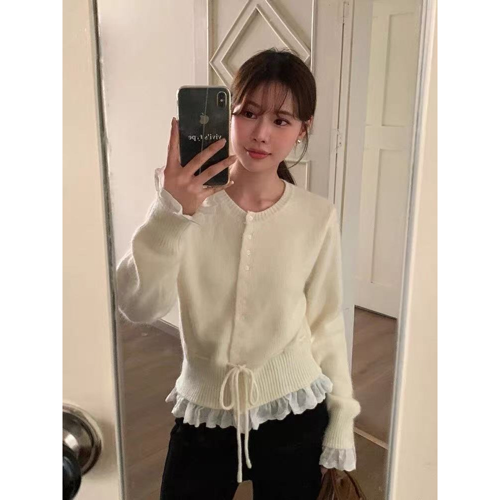 韩系温柔风蕾丝拼接长袖毛衣外套秋冬款抽绳收腰显瘦针织上衣220
