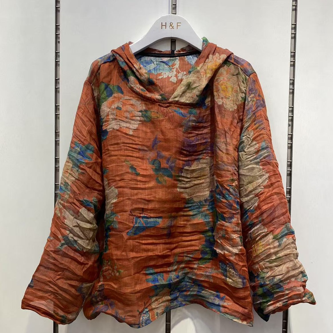 2025夏装新款女装100织苎麻宽松大码国风印花品质长袖连帽衫上衣