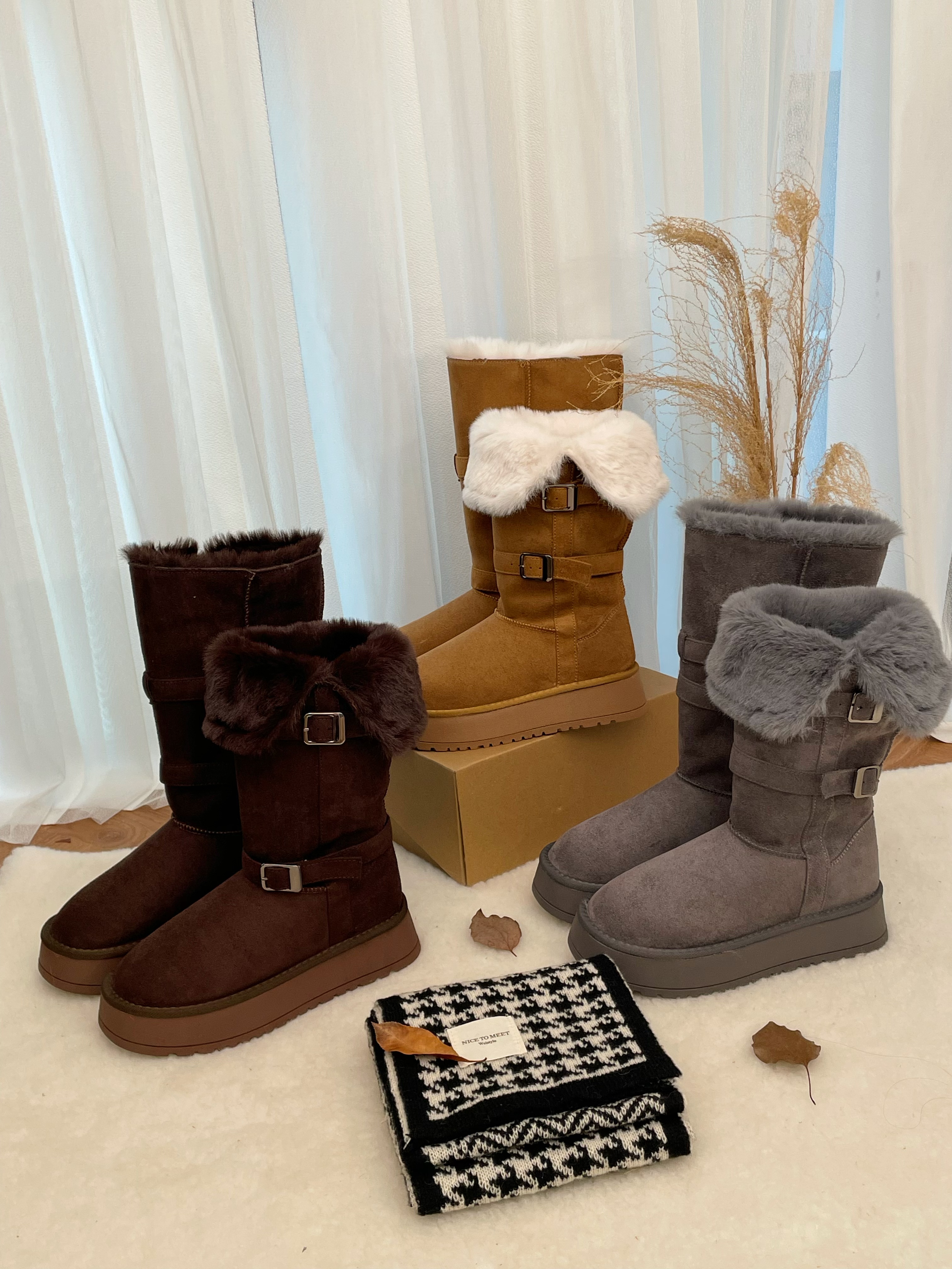 增高长筒冬季保暖平跟时尚雪地靴时尚筒靴加绒秋冬