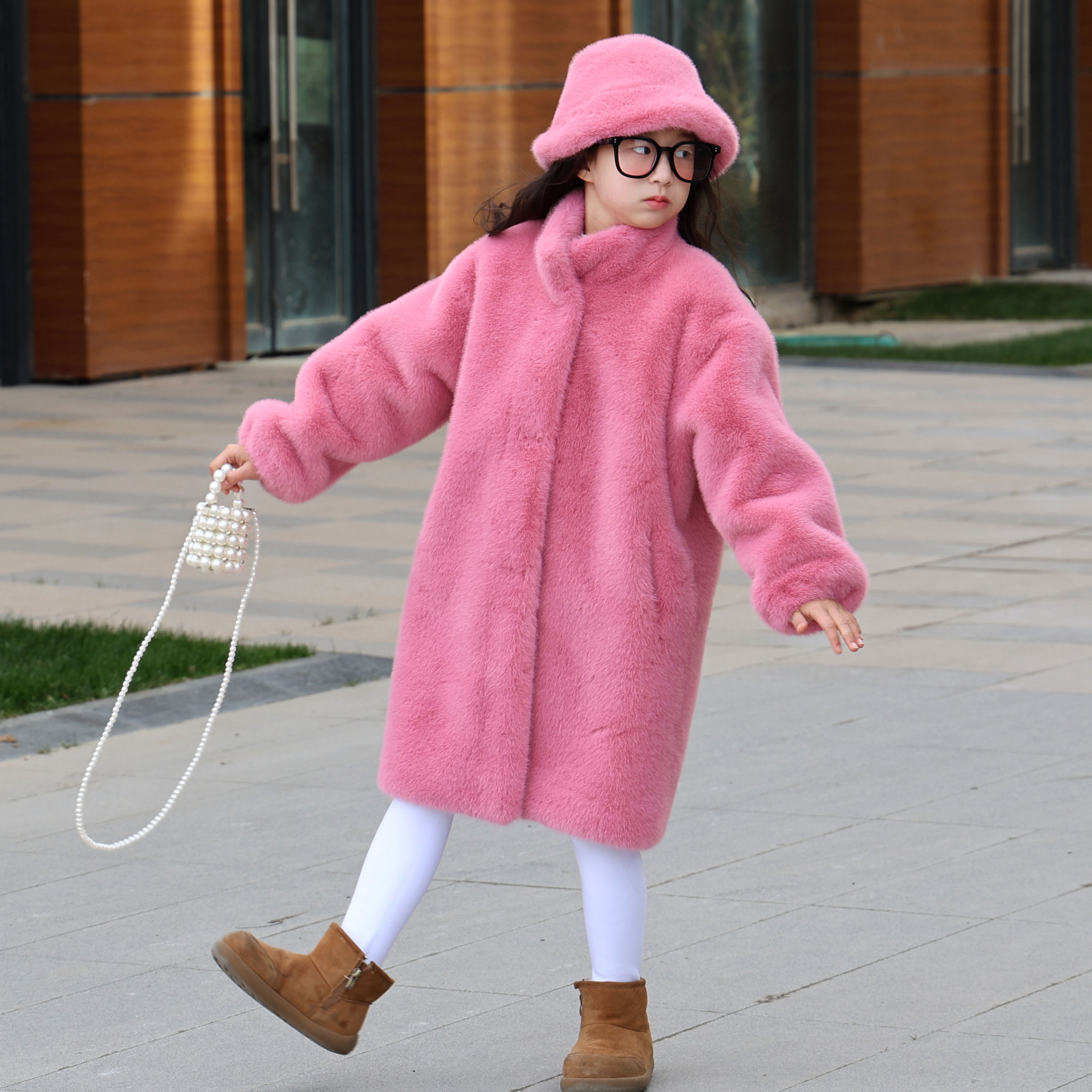 女童毛毛外套环保仿水貂毛皮毛一体冬季女宝棉袄中长款大衣送帽子