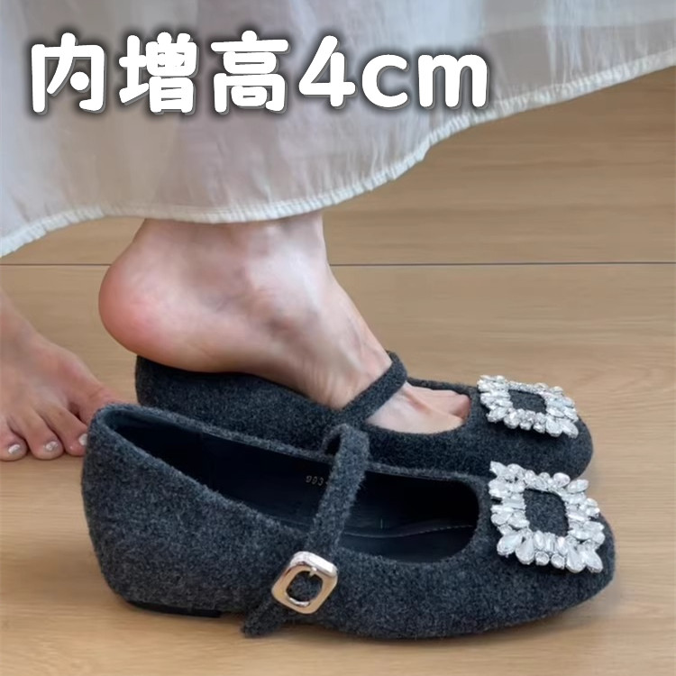 2025年新款法式水钻内增高玛丽珍毛毛鞋女秋冬一字扣百搭毛毡单鞋