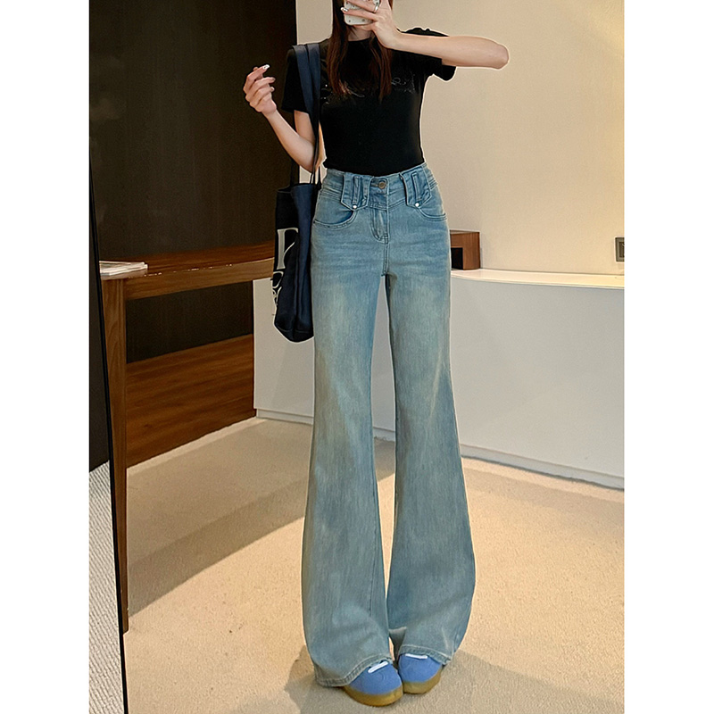 月光蓝2025年春季新款弹力不贴腿喇叭裤显瘦浅色牛仔裤微喇裤长裤