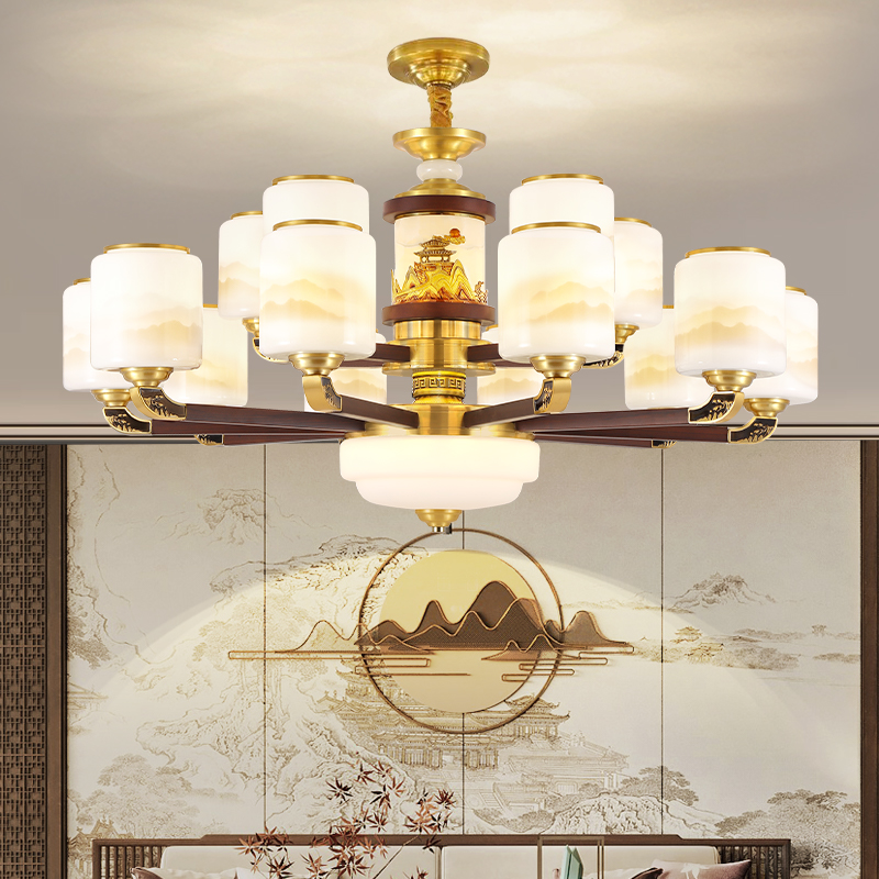 新中式全铜玉石客厅实木吊灯复式楼中楼梯挑空吊灯餐厅卧室灯具饰