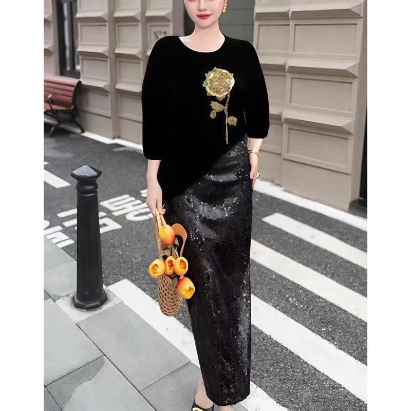 [依易原创]复古港风玫瑰刺绣丝绒上衣亮片半身连衣裙E0716