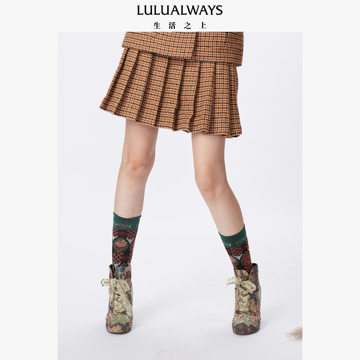 LULUALWAYS新款高腰小香风百褶半身裙