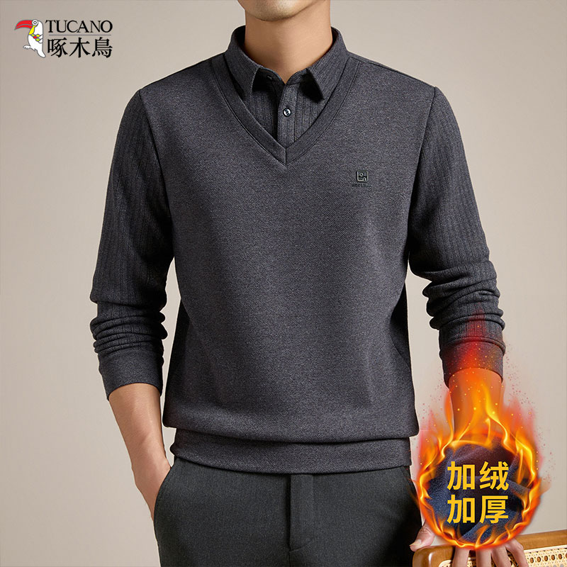 啄木鸟冬季加绒假两件秋季男士POLO衫针织衫衬衫领毛衣加厚