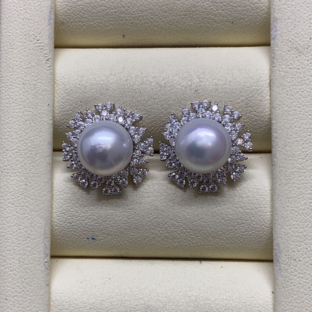 银S925镶嵌耳饰海水珍珠澳白耳饰10-11m m