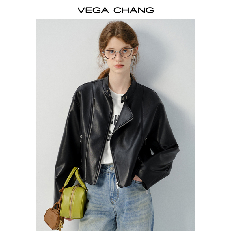 VEGA CHANG短款皮衣2025年秋季新款机车风小个子立领黑色夹克外套