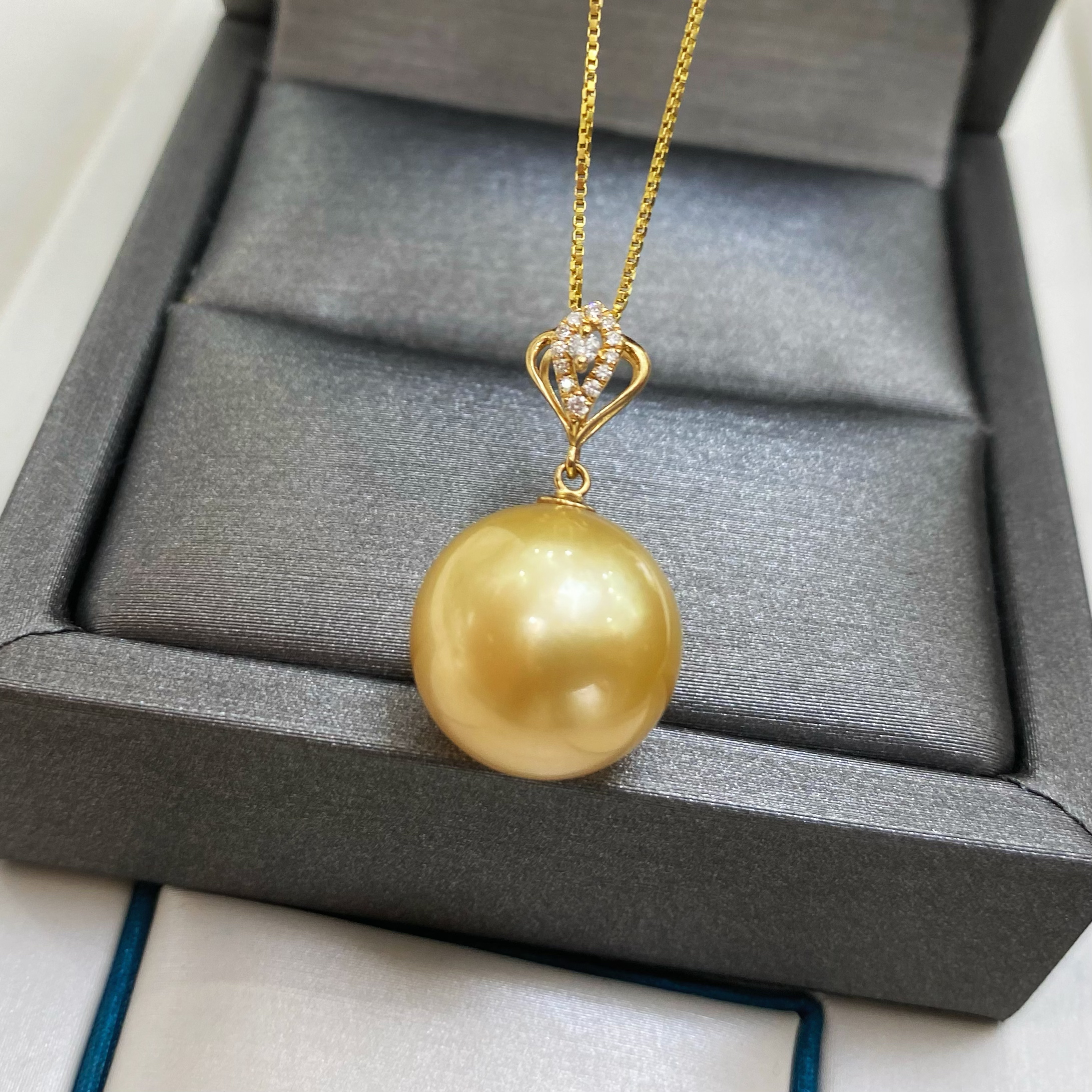 13-14mm南洋金珠吊坠正圆极强光泽18k金天然浓金色海水珍珠