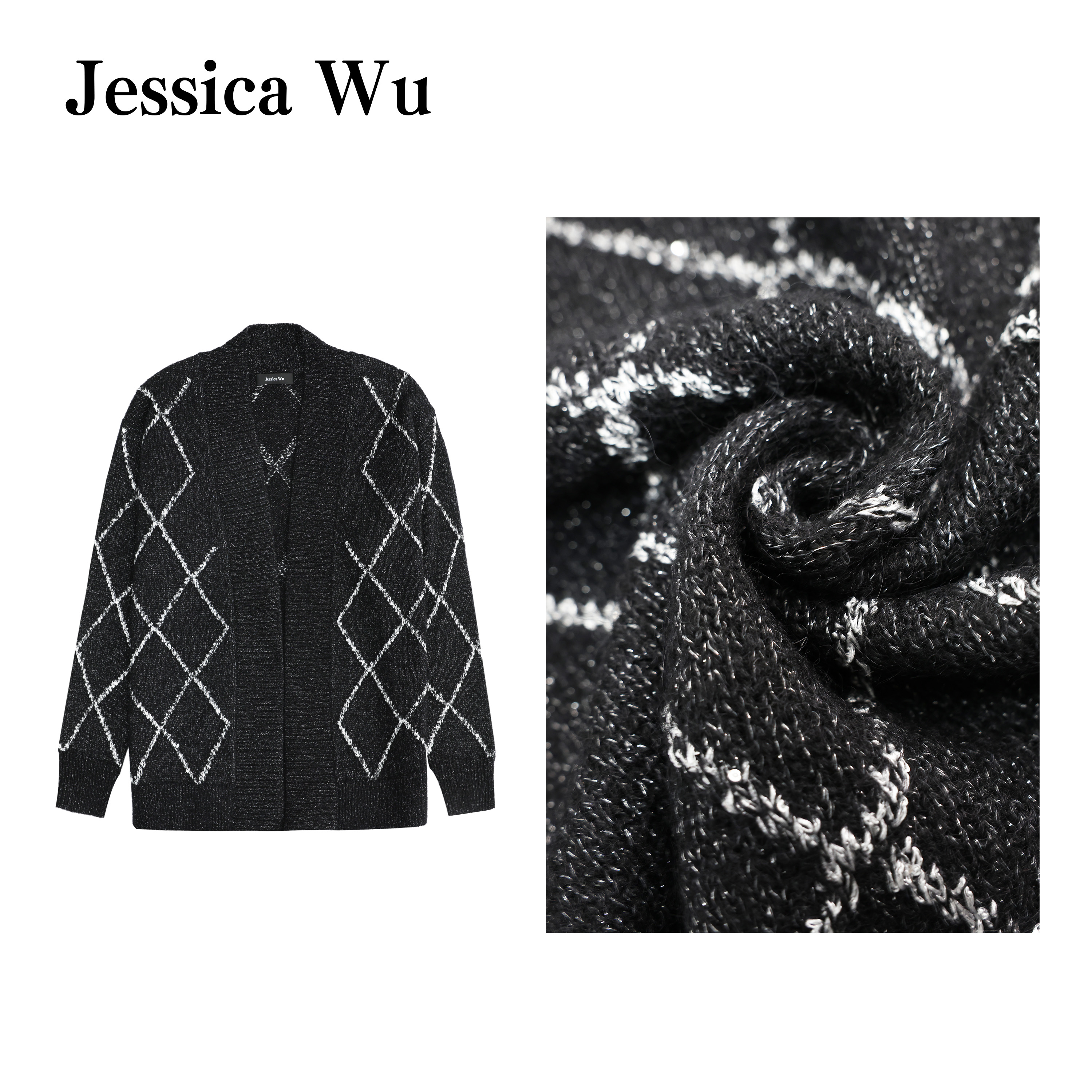 旦旦浪漫氛围~幼马海毛鎏金珠片嵌花菱格织开衫外套254504009