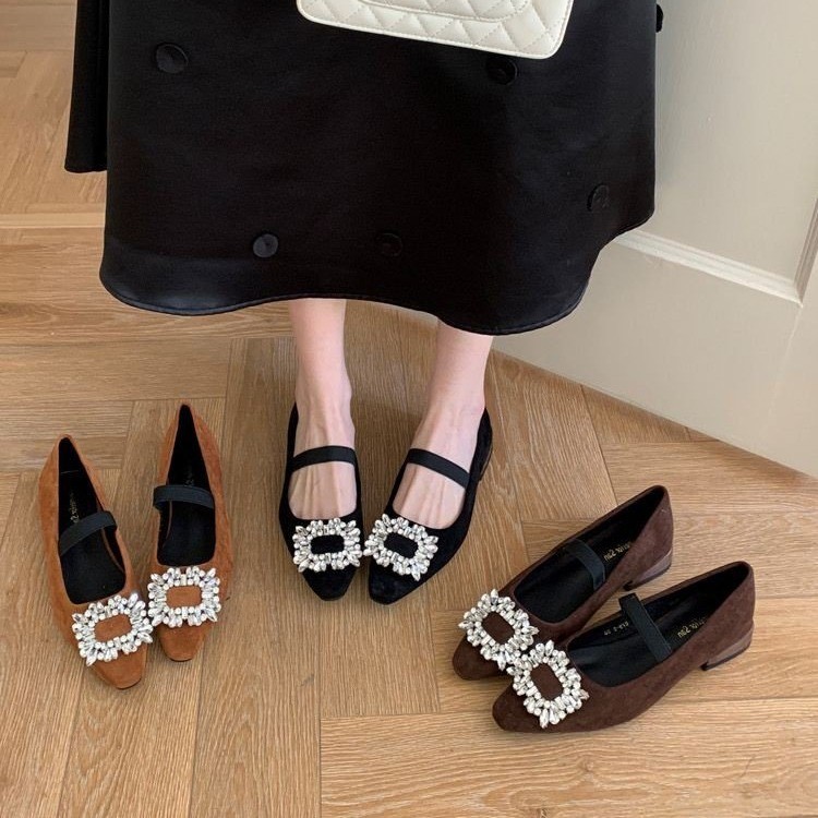 女鞋单鞋法式粗跟平底方头浅口鞋子小香风气质百搭黑色复古春季