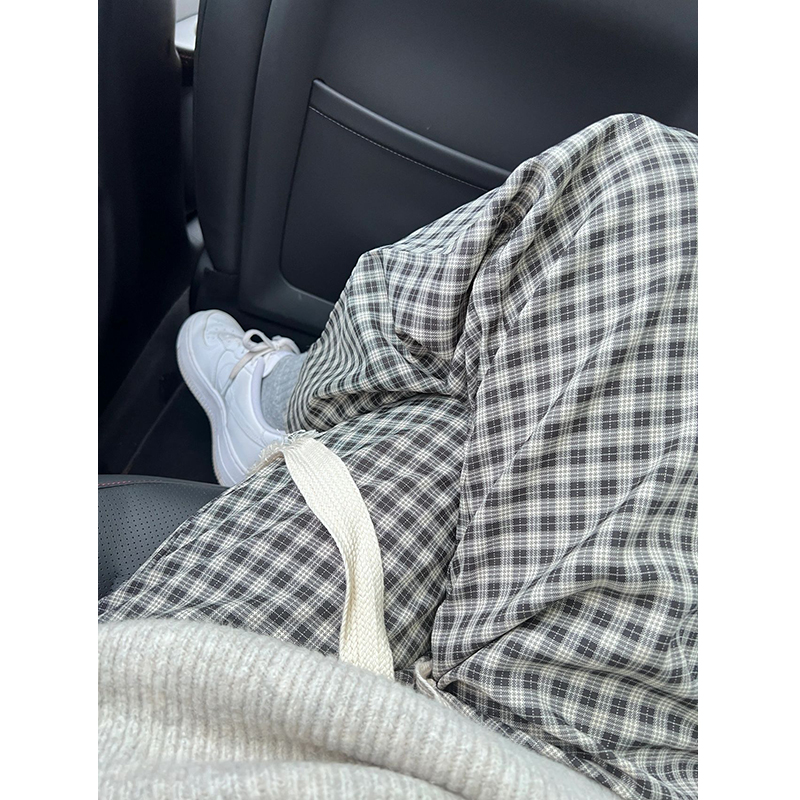 格子休闲裤女高腰直筒夏季薄款大码胖mm宽松显瘦梨型身材阔腿裤子