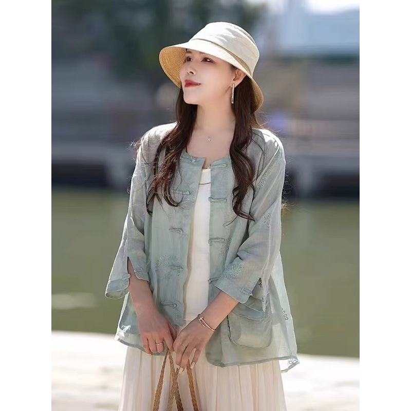 复古苎麻内包边满绣盘扣大版文艺开衫外套X250610D3