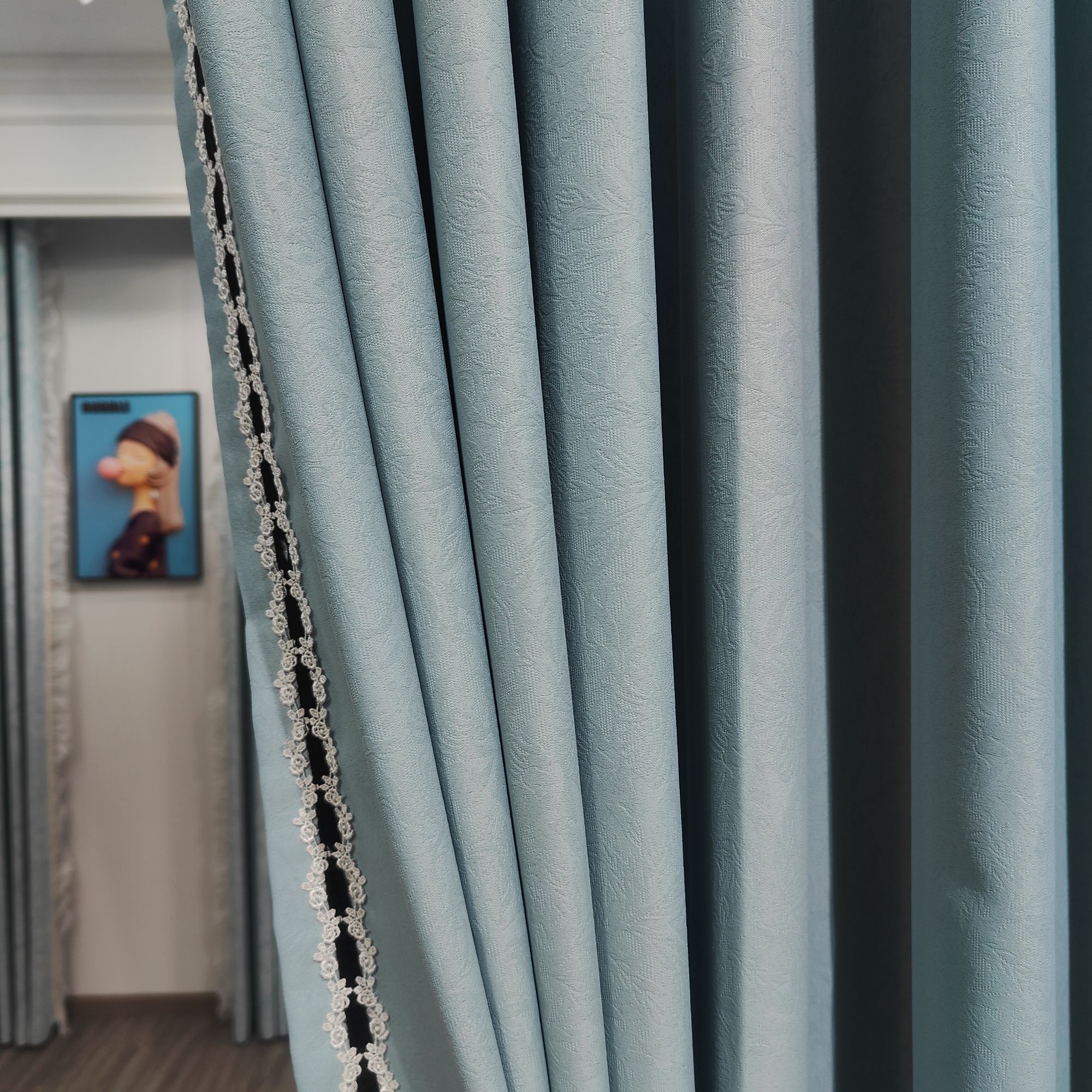 QW02轻奢全遮光窗帘雪尼尔雾霾蓝蔷薇花客厅卧室加厚窗帘成品