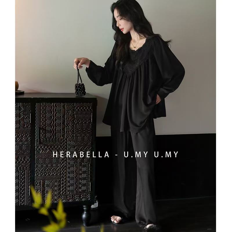 秋季高级轻奢蕾丝圆领刺绣镂空女士睡衣