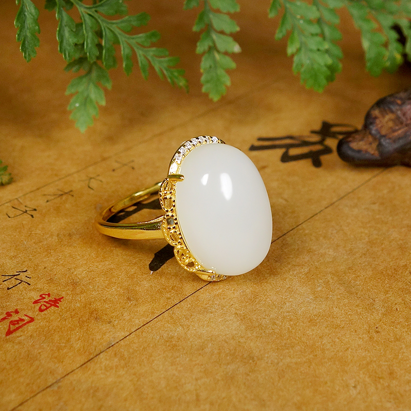 天然俄料白玉S925银镶嵌戒指