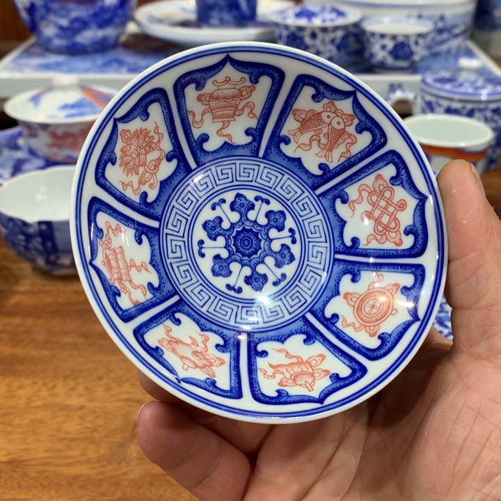 柴窑青花缠枝八宝斗笠杯