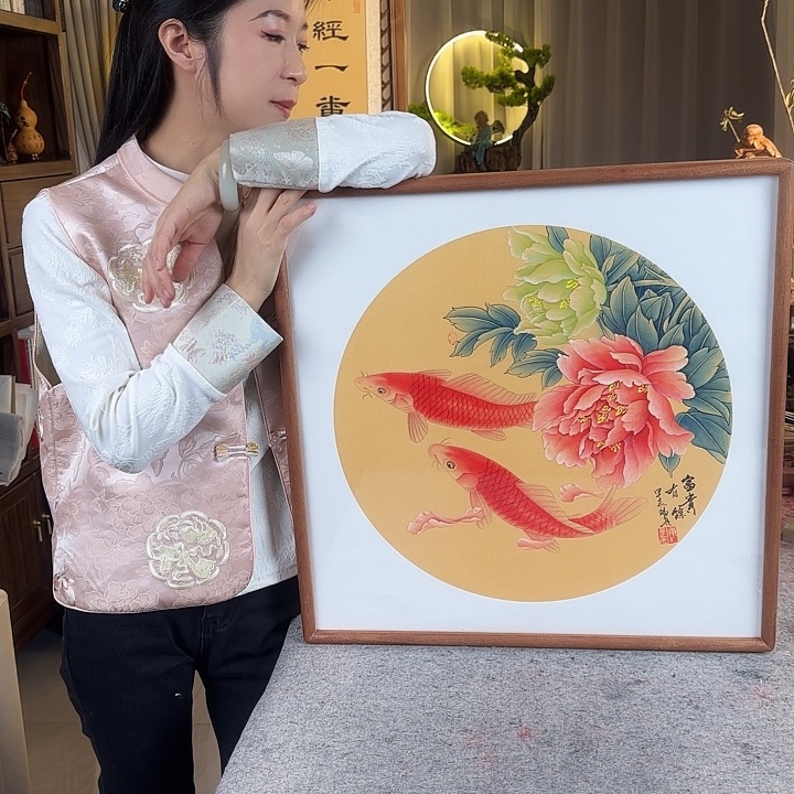 书法伊人阳亮工笔画牡丹鱼带框