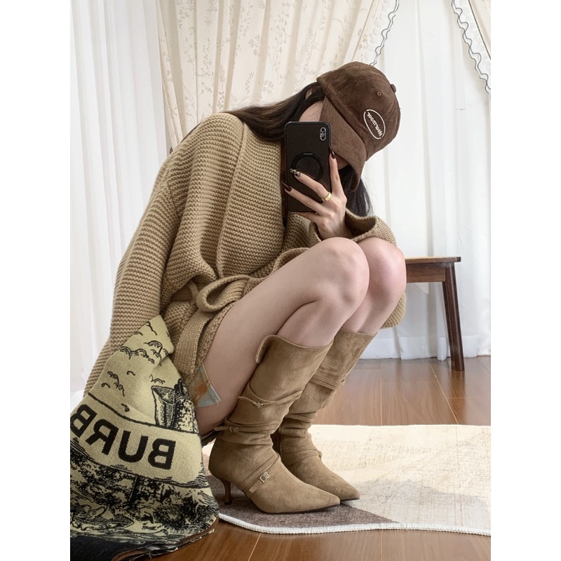 高跟长筒靴2025新款尖头美拉德不过膝瘦瘦中高筒靴子女秋冬长靴