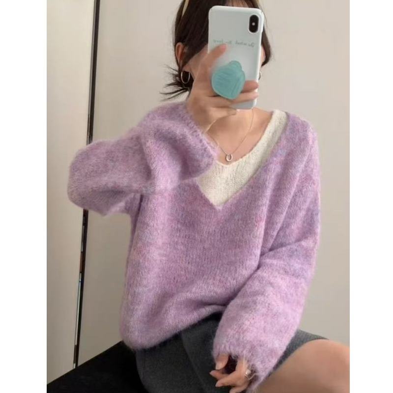 V领百搭假两件玫粉色针织套头毛衣500