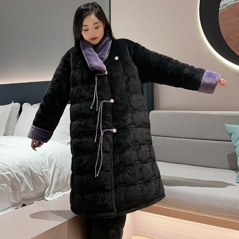庆同睡衣女士冬天三层夹棉袄长款睡袍加绒加厚保暖大码家居服套装