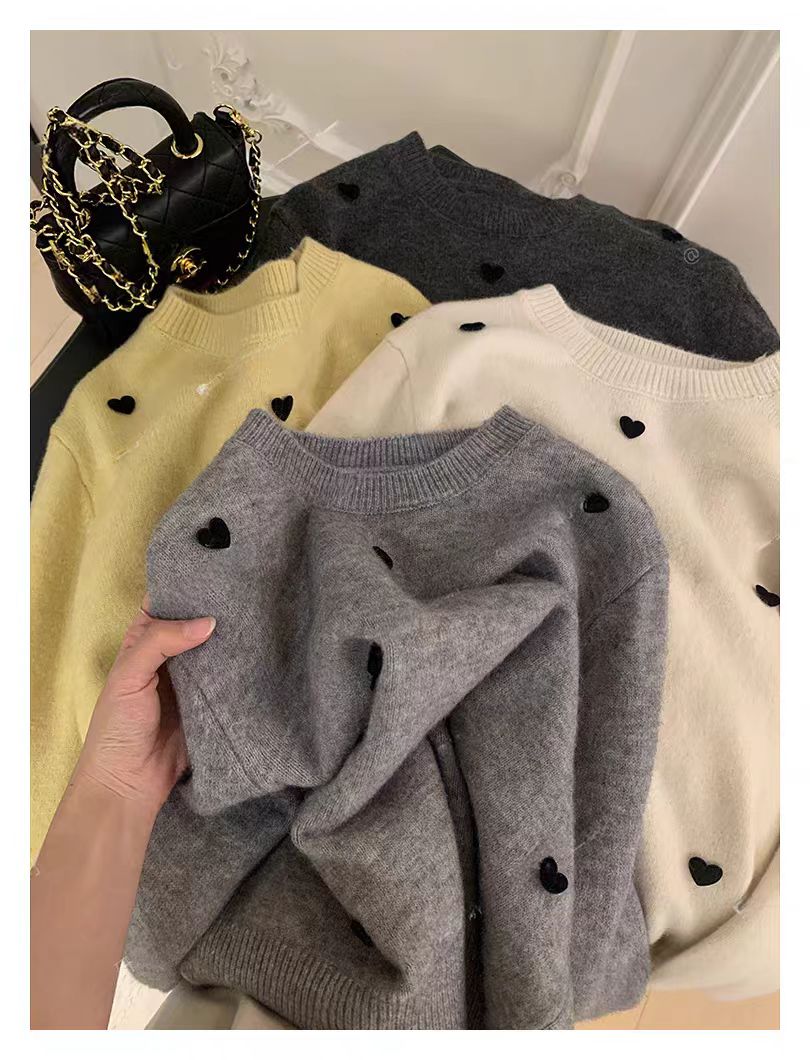 【爱心刺绣】灰色圆领套头针织衫 早春穿搭 显瘦长袖宽松毛衣
