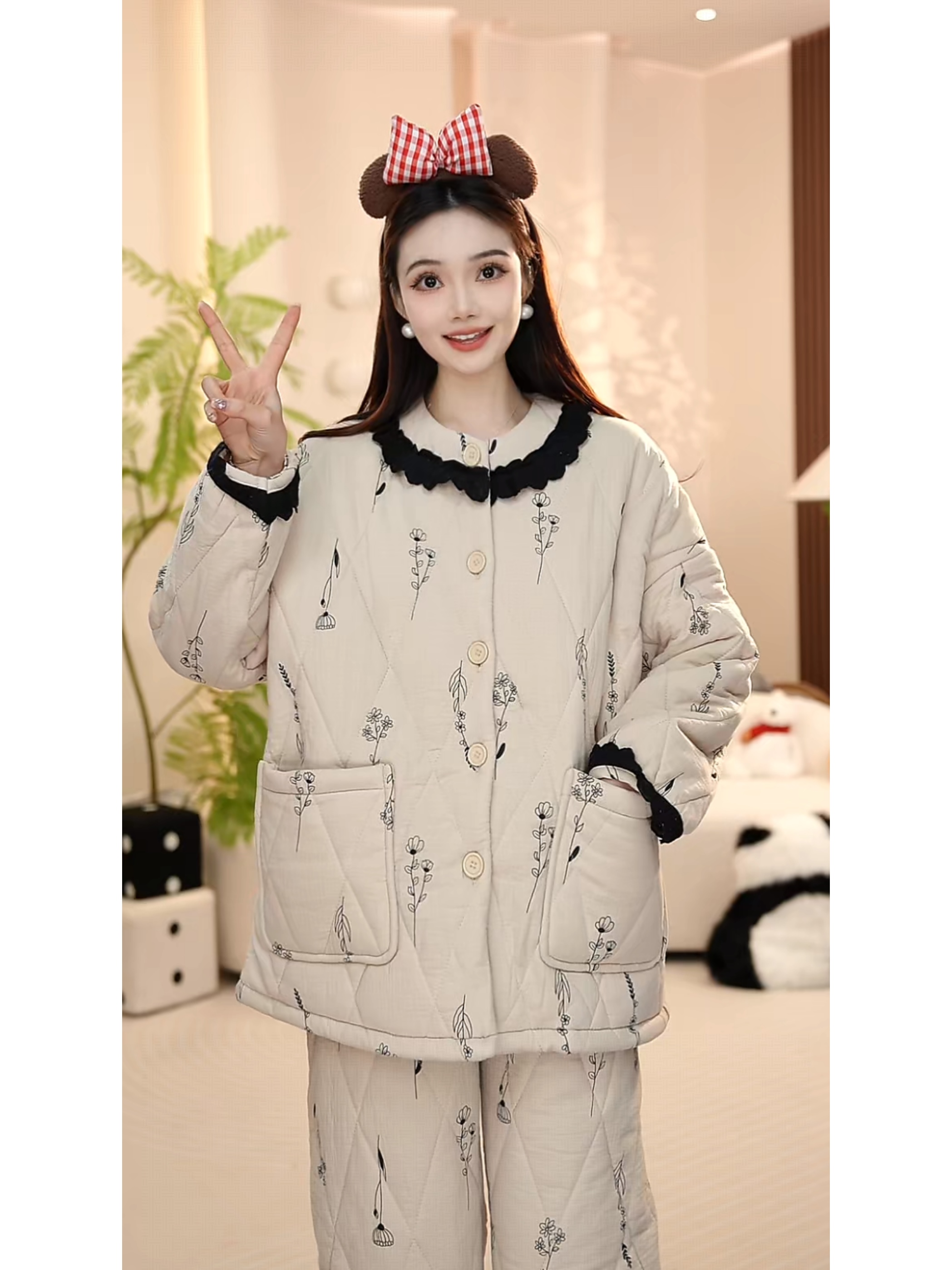 【超保暖】三层夹棉可外穿时尚冬季家居服加绒加厚睡衣套装