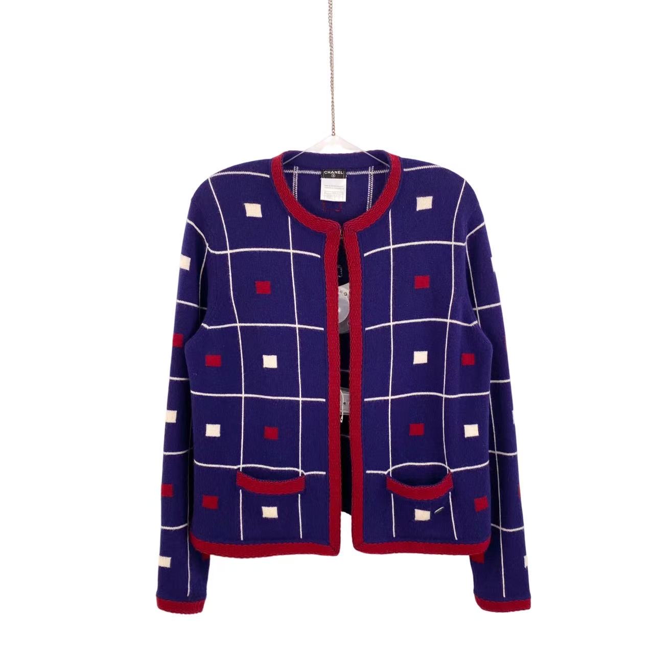 95新 Chanel/香奈儿  AA2882 香奈儿 羊绒 拼色格纹羊绒开衫 50码