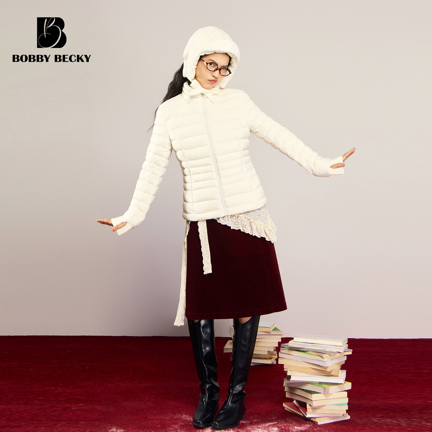 Bobbybecky90白鹅绒排骨羽绒服修身短款立领鹅绒服云朵系带鹅绒帽