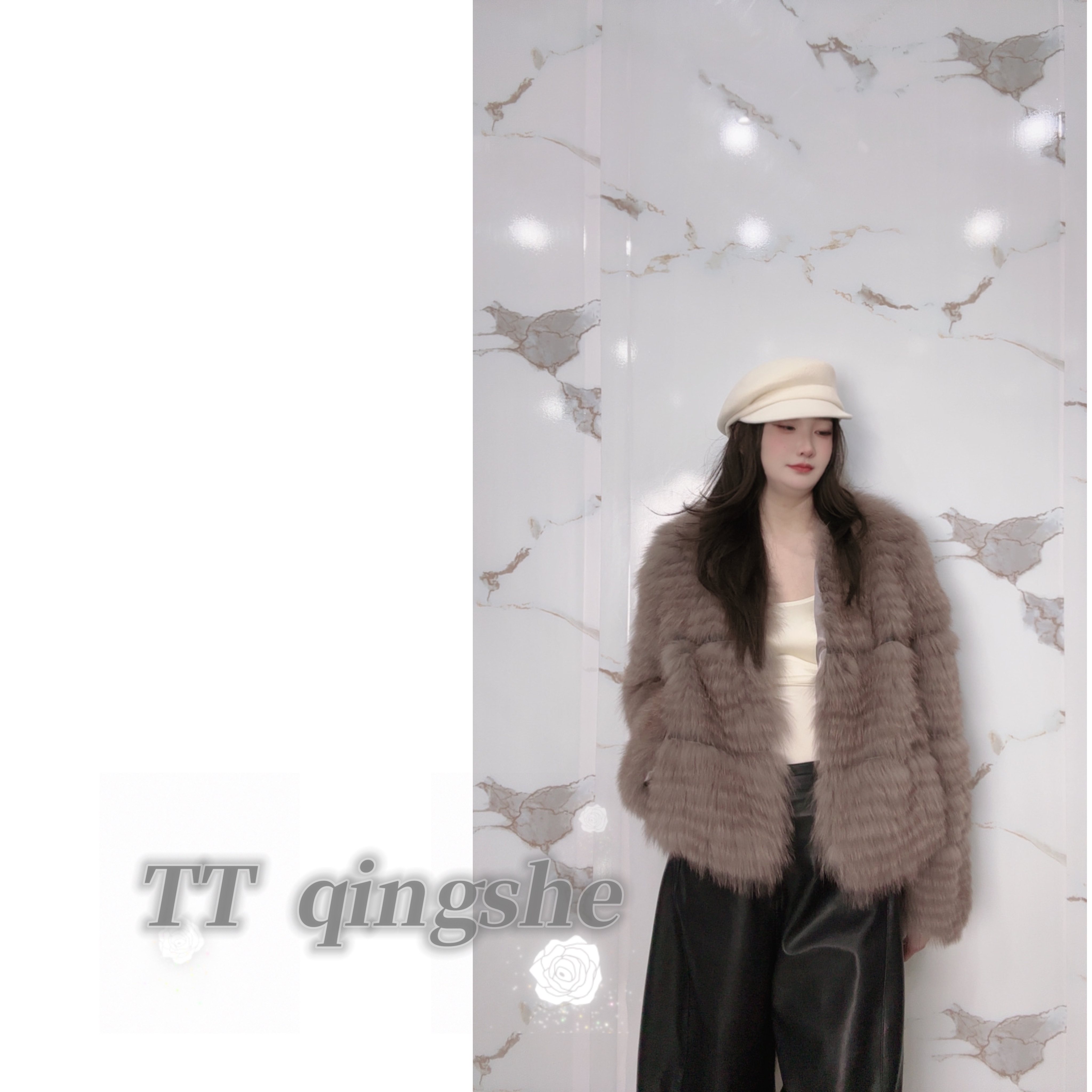 2025/TT 真毛时尚优雅均码中长款拼接短款甜美风女V领外套