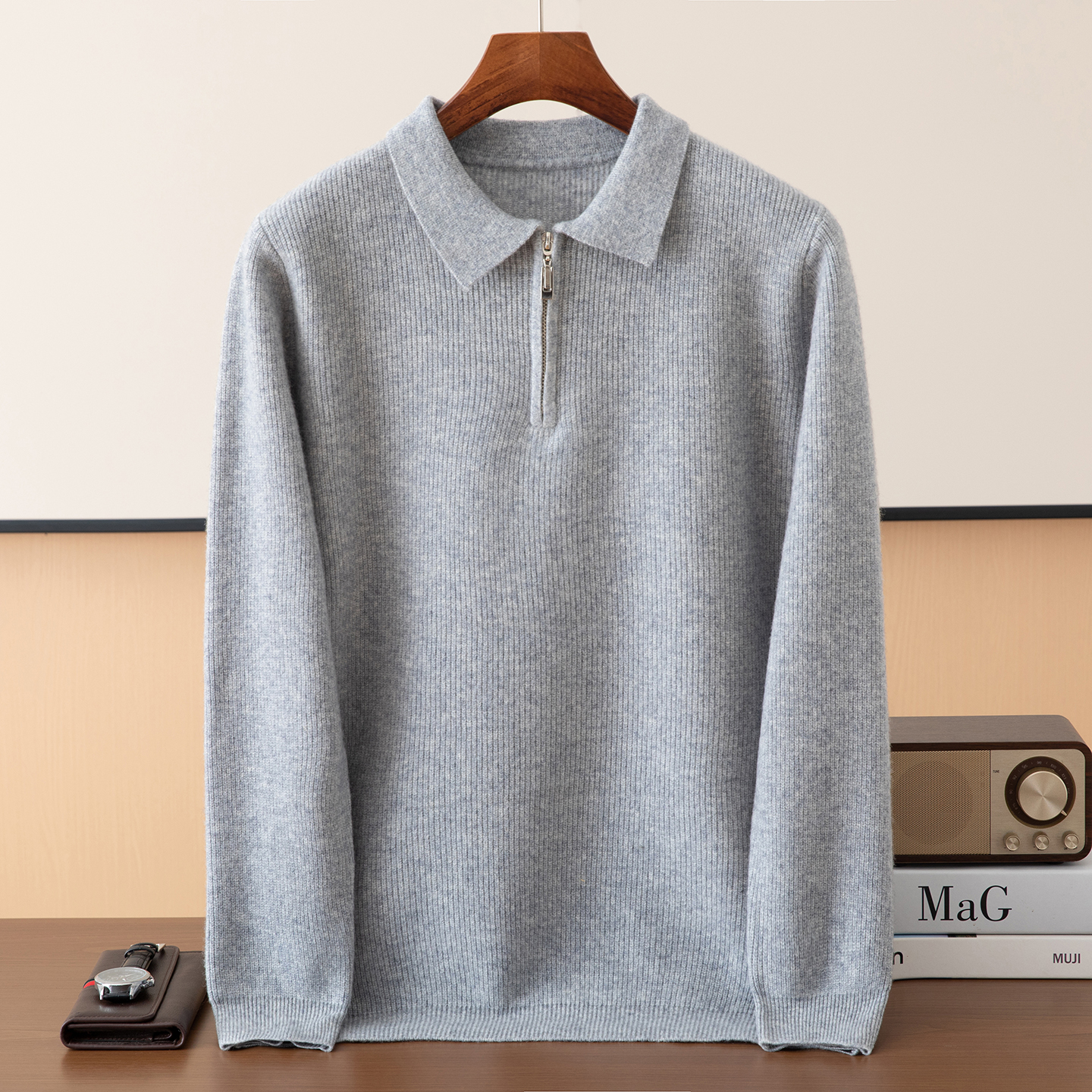 纯色POLO领拉链男士秋冬羊毛衫时尚简约百搭商务保暖针织衫