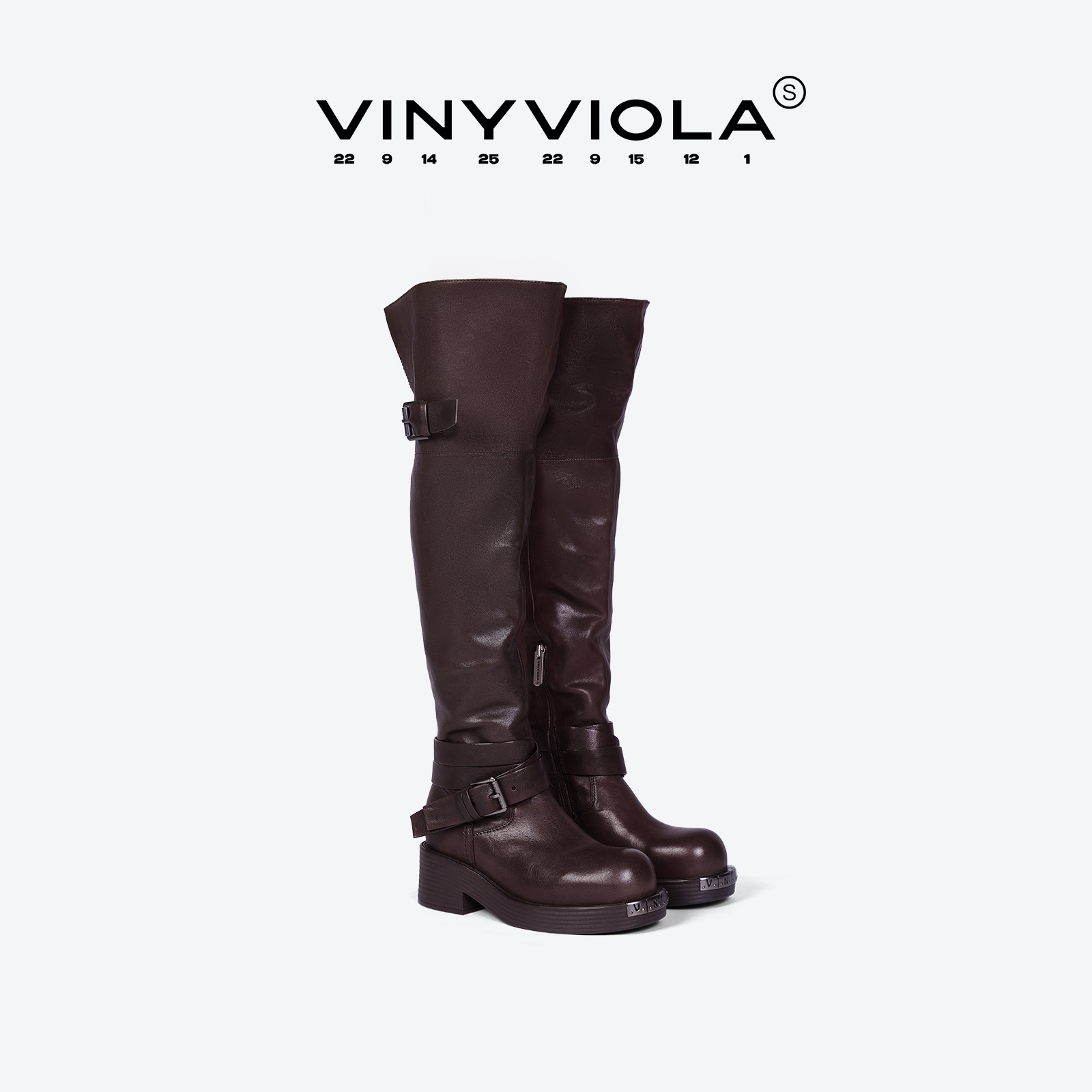 VINYVIOLA25秋冬S线系列植鞣牛皮绑带翻边过膝靴