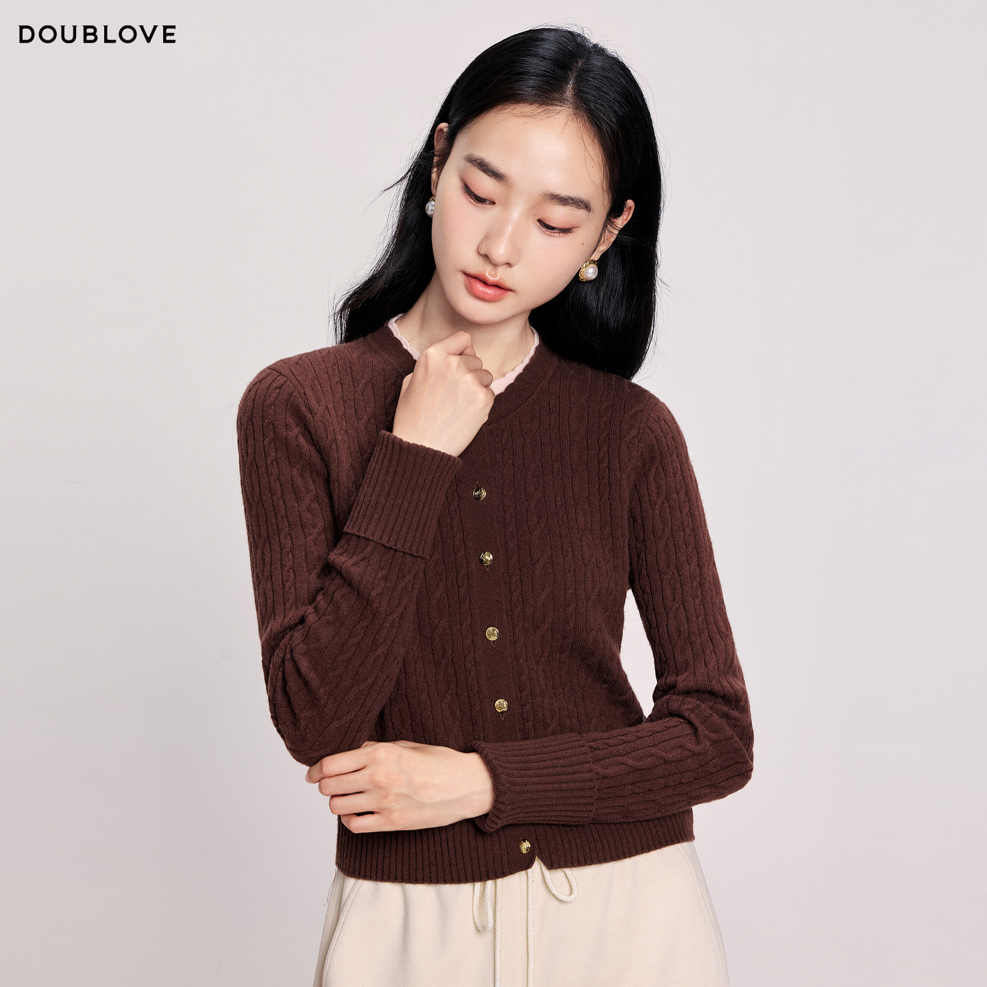 【巴素兰羊毛】针织开衫毛衣外套含羊绒DOUBLOVE贝爱2025冬季新款