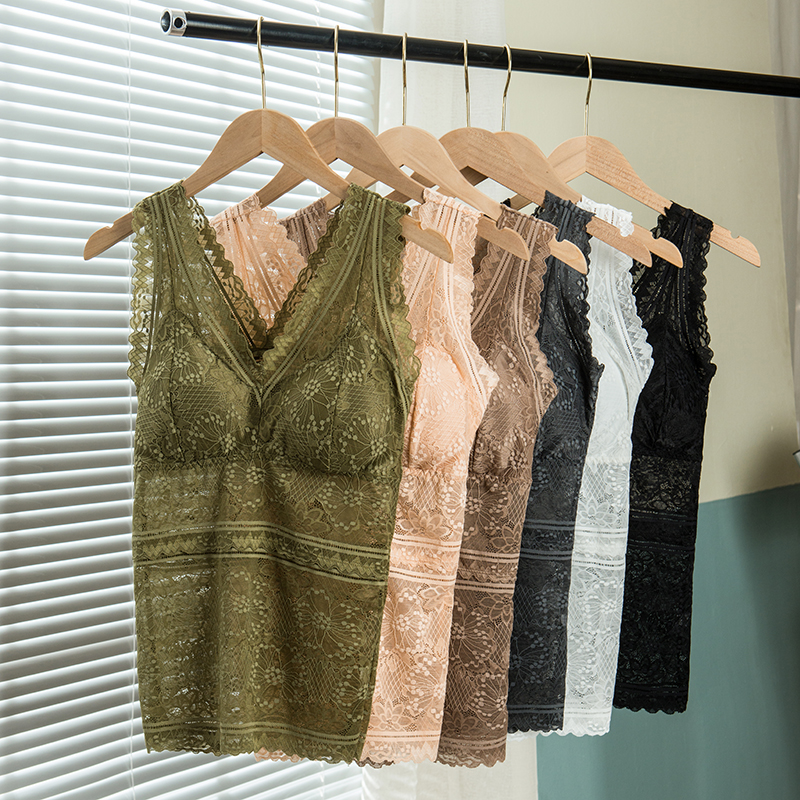 大码轻奢法式蕾丝修身带胸垫美背背心可拆卸性感时尚舒适百搭打底