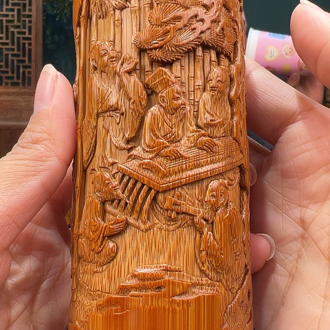 竹竹雕茶叶罐竹林七贤